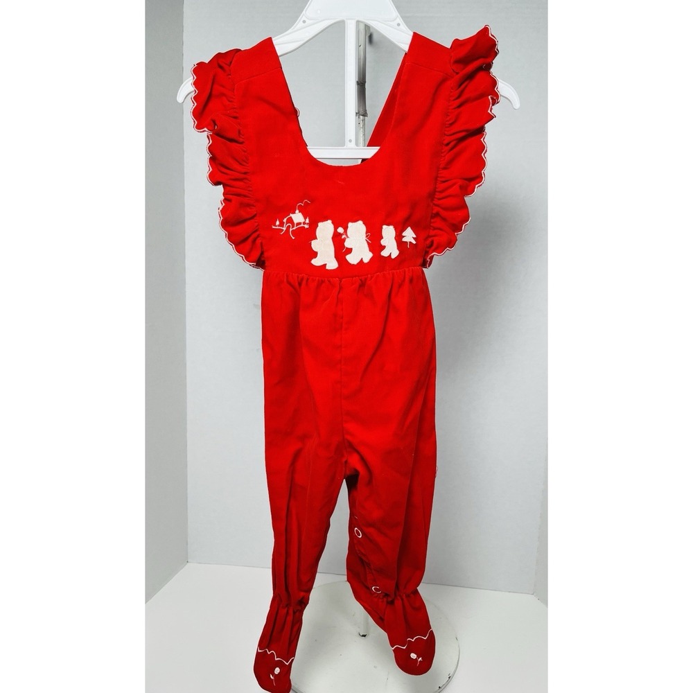 Vintage Girl's Red Velour Romper With Ruffles Embroidered Bears Footie‎ Details